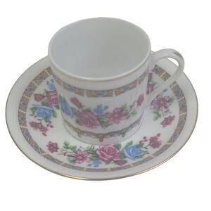 Vintage Made In China Ceramic Gold Rim Floral Pink Blue Rose Teacup Saucer Set
